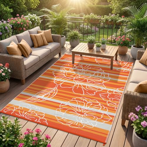 Garvee 5x8 Outdoor Waterproof Rug, Floral Outdoor Area Rug，Reversible Plastic Straw Patio Rug, Portable Camping Mat for RV, Picnic, Beach, Balcony, Garden & Camping Orange - color: Orange, size: 5' x 8' (Rectangular)
