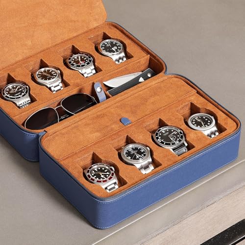 ROTHWELL 8 Watch Travel Case Storage Organizer for 8 Watches, Sunglasses, Rings & Cufflinks |Tough Portable Protection with Zipper Fits Most Wristwatches & Smart Watches Up to 50mm (Blue/Tan) - color: Blue/Tan