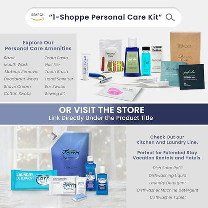 Personal Care Travel Toiletries | 1-Shoppe Amenities Kit | Travel Shaving Set, Toothbrush & Paste, Mouthwash, Makeup Wipes, Swabs, Nail File & Sewing Kit | 75 Pieces
