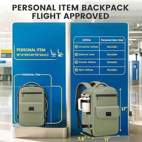 MATEIN 18x14x8 Personal Item Backpack Underseat Bag for Frontier Airline | TSA Approved, Shoe Compartment, Water Bottle Holder, Water Resistant, Lightweight Travel, Fit 15.6" Laptops, Women Men, Green - color: Green