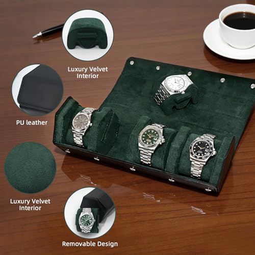 Leather Watch Roll for 4 Watches - Velvet-Lined Travel Case, Luxury Watch Rolls Organizer with Storage & Display for Men (4 Slot-Black Green) - color: 4 Slot-Black Green