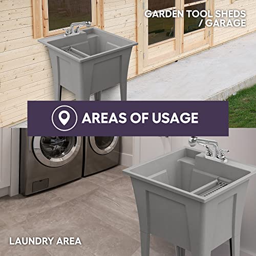 Freestanding Utility Sink with Two Handle Chrome Faucet - 24" Plastic Utility Sink for Garage, Laundry, Indoor and Oudoor Use - Laundry Tub Kit by Noah William Home - Grey (19.5 gal) - color: Grey - Two handle chrome faucet