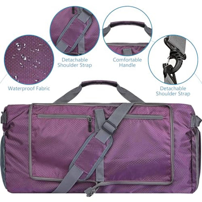 60L Duffle Bag with Shoes Compartment - Foldable&Large Capacity Travel Duffel Bags, Lightweight & Water-Resistant Gym Bag - Purple - color: 60L-Purple