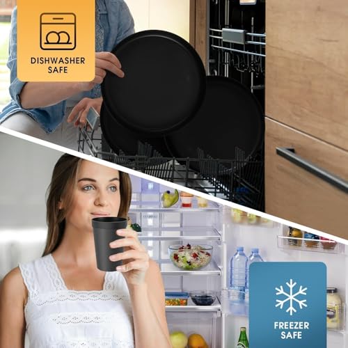 40 Piece Plastic Dinnerware Set for 8 with Cutlery, Unbreakable Plates and Bowls Set, Dishwasher & Microwave Safe Reusable Dish Set for Camping, RV, Outdoor Kitchen, Apartment Dining, Black - color: Black
