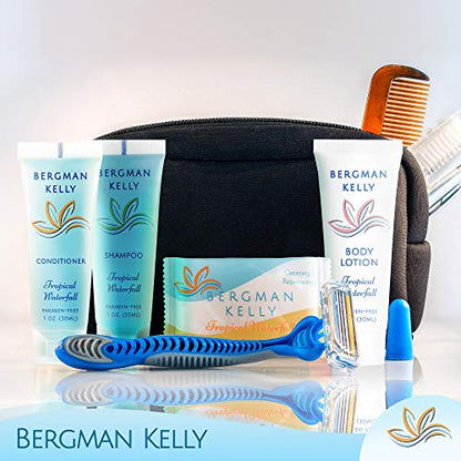 Bergman Kelly - Hotel Toiletries Bundle - Tropical Waterfall, 1 oz each, 100 Pcs - 4-Piece Set: 25 Rectangular Bar Soap, 25 Shampoo, 25 Conditioner & 25 Body Lotion - Bulk Mini Guest Amenities Supply - size: 1 Ounce (Pack of 25)
