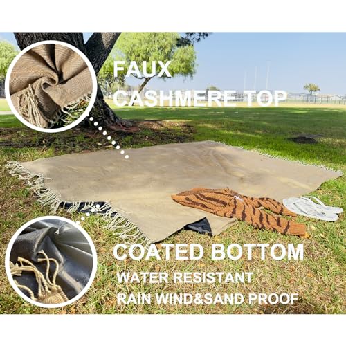 Picnic Blanket Extra Large Waterproof with Strap 59"x79" - Machine Washable Tassels Faux Wool Cashmere for Park, Grass, Camping, Hiking, Concerts (Coffee, 59"X79") - color: Coffee