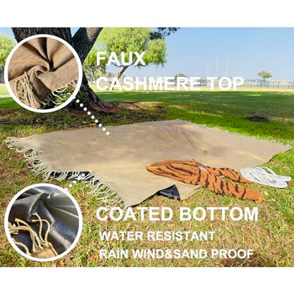 Picnic Blanket Extra Large Waterproof with Strap 59"x79" - Machine Washable Tassels Faux Wool Cashmere for Park, Grass, Camping, Hiking, Concerts (Coffee, 59"X79") - color: Coffee