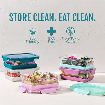 Ello Duraglass 3.4 Cup Meal Prep Sets 10Pc, 5 Pack Set- Glass Food Storage Container with Silicone Boot and Airtight BPA-Free Plastic Lids, Dishwasher, Microwave, and Freezer Safe, Garden Goals - color: Garden Goals with Boot