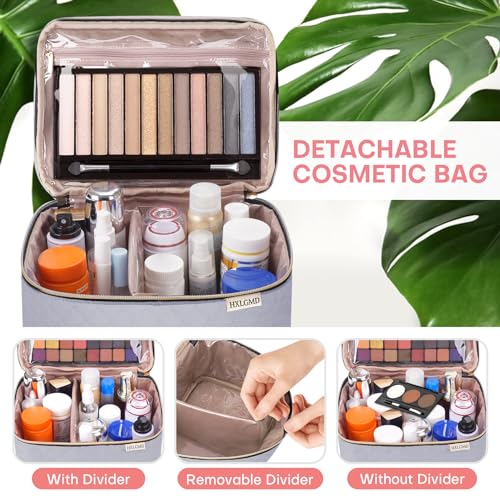 HXLGMD Large Makeup Bag with Mirror Double Layer Travel Make Up Organizer Case, Large Capacity Coemetic with Brush Slot Divider, Travel Toiletry Bag for Women (Grey) - color: Grey