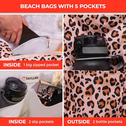Beach Bag and Pool Bag Has Cooler Pocket, 7 Pockets Total, Zip Top. Family Size Waterproof Beach Tote - color: Leopard