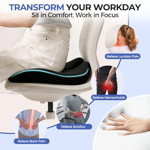 Seat Cushions for Office Chairs & Car, Ergonomic Memory Foam Seat Cushion with Breathable Holes for Tailbone Pain Relief, Sciatica