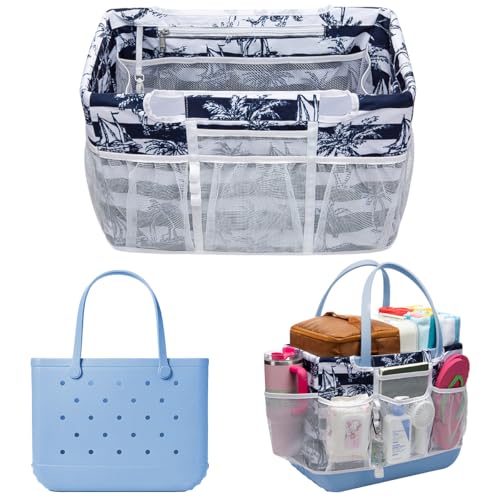 Custom Fit Organizer Bag Insert ONLY for Bogg Bag Custom Fit Inner Liner Pouch for Original Large XL Rubber Tote Zippered Organizer with Pockets for Beach Travel Sports Mom (BLUE WHITE STRIPE, LARGE) - color: BLUE WHITE STRIPE, size: Original - Large