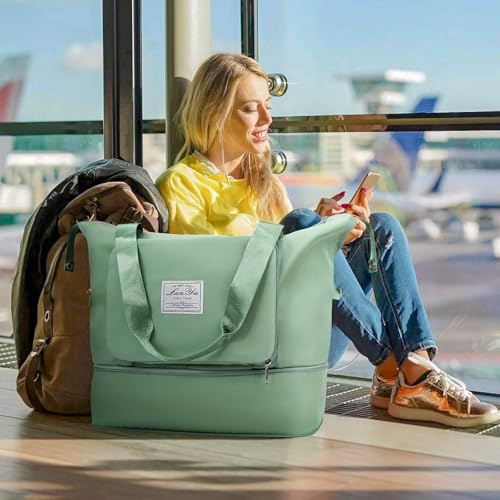 Ranslen Large Capacity Folding Travel Bag,Expansion Travel Duffel Bag with Dry and Wet Separation Portable Travel Duffel Bag - color: Green