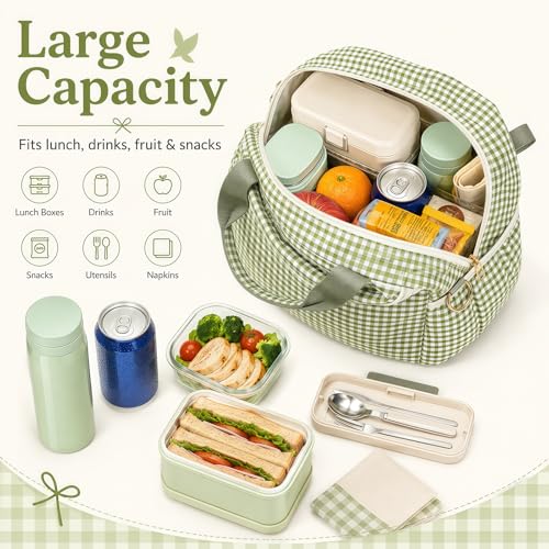 Bluboon Lunch Bag for Women, Insulated Lunch Tote with Shoulder Strap, Cute Large Lunch Box for Work, Teacher Nurse Lunch Cooler Bag for Office, Picnic, Travel (Sage Green Off White Gingham) - color: Sage Green Off White Gingham