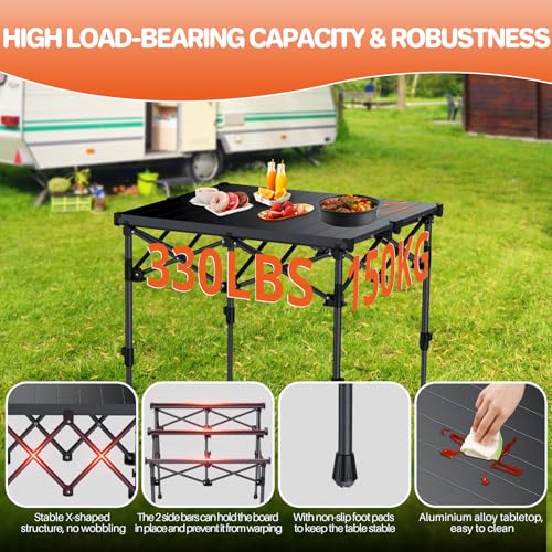 FUNYKICH Folding Camping Table(L26.4''xW22.8''), Aluminum Roll-up Portable Picnic Table with 2 Adjustable Height(17.3'' & 27.6'') for Picnic, Camping, BBQ, Party, Backyard, Beach - size: 26.4''L x 22.8''W x (28''/17.3'')H