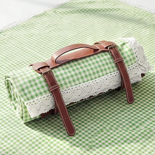 VitalCozy Waterproof Picnic Blankets 59 x 78in Outdoor Blanket Foldable 2 in 1 Double Layer Sandproof Beach Mat with Carry Strap for Camping Lawn Park Beach Grass (Green White) - color: Green White