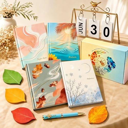 Premium Four Seasons Journal Gift Set, 4 A5 Hardcover Notebooks with Metal Bird Perpetual Calendar, Pen & Leaf Sticky Notes, Memory Keeping & Reflection Elegant Gift Box for Women, Teachers, Moms, Office Desk Decor (Russet) - color: Russet
