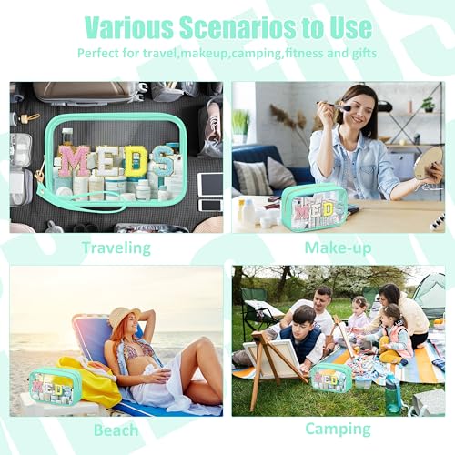 BuyCard 2 Pcs Medicine Chenille Letter Bag Preppy Clear Makeup Meds Pouch for Travel Nylon & PVC Transparent Cosmetic Bag Preppy Patch Toiletry Storage for Women Girls Green - color: MEDS-Green, style: 2 Pcs-clear