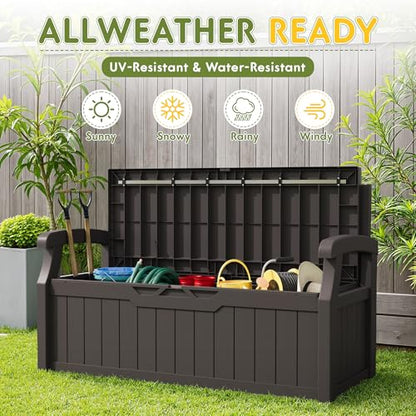 Greesum 80 Gallon Storage Bench Outdoor Deck Box with Armrest, Patio Furniture,Lockable, Waterproof and UV Resistant, Suitable for Garden, Pool, Brown - color: Brown, style: 80 Gallon