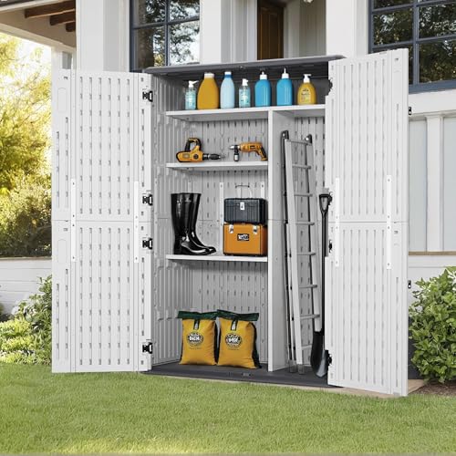 Macrout 50 Cu.Ft Plastic Outdoor Storage Cabinet with Shelves, 4.3 x 2.5 ft Waterproof Resin Outdoor Storage Shed with Floor, Lockable Vertical Shed for Garden and Patio - size: Medium