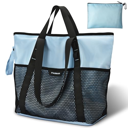 PASMAN Large Beach Bag with Zipper-8 Pockets Sandproof Beach Tote Bag for Women,Foldable Lightweight Family Swim Bag Vacation - color: Light Blue