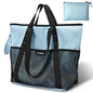 PASMAN Large Beach Bag with Zipper-8 Pockets Sandproof Beach Tote Bag for Women,Foldable Lightweight Family Swim Bag Vacation - color: Light Blue