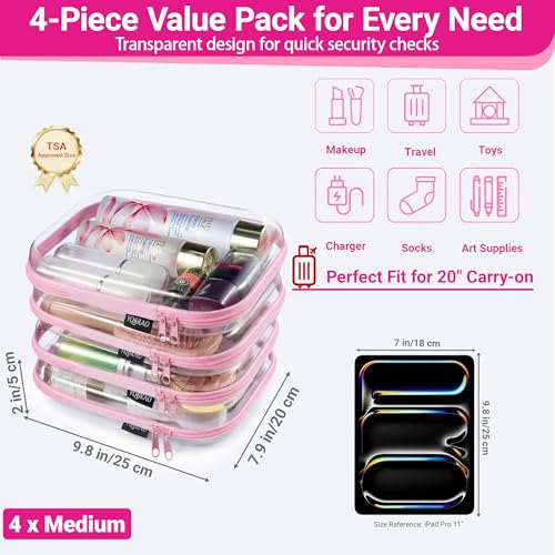 YQBRAO 4-Pack Clear Diaper Bag Organizer Pouches, 1.2mm Ultra-Thick PET Travel Pouches for Toiletries & Makeup, Rigid Self-Standing Bags with YKK Zippers, TSA Approved (Pink) - color: Pink, size: 4 Pack(M)