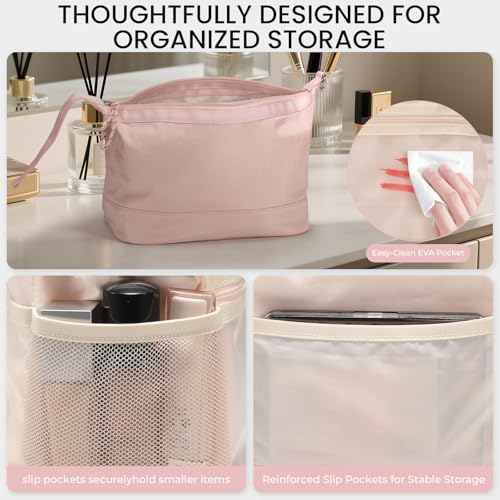 HauteHues Travel Makeup Bag for Women Large Capacity Cosmetic Handheld Portable Organizer Large Opening Waterproof Storage Toiletry Bags Pink - color: Pink