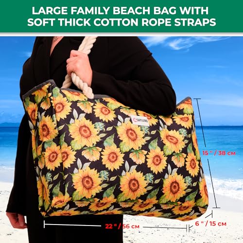 Beach Bag and Pool Bag Has Cooler Pocket, 7 Pockets Total, Zip Top. Family Size Waterproof Beach Tote - color: Blooming Sunflowers