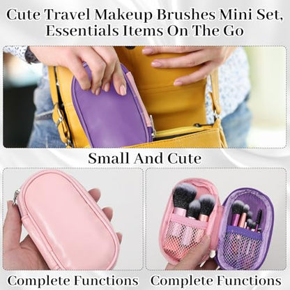 10 Pcs Mini Travel Makeup Brushes Set with Pouch, Short Handle Makeup Brushes for Women Girls Portable Full Complete Function Cosmetic Kit Brush Blush Powder Eye Shadow - color: Purple