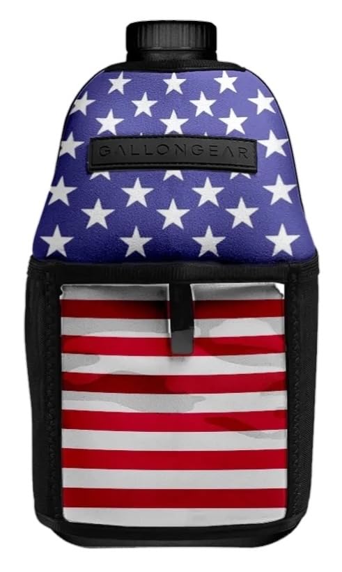 Half-Gallon Fitness Hydration Cover | Neoprene Insulated Cooling & Portable Gym Water Bottle Carrier | CASE with Storage Pockets - color: FLAG USA