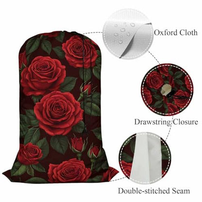 Swono Red Roses Drawstring Closure Dirty Clothes Bag Organizer, Heavy Duty Large Laundry Bag, Summer Flower Leaf Stem Blossom Botanical Rip-Stop Bags for Camp Travel, Machine Washable - color: Red Roses