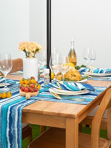 YiHomer Indoor Outdoor Tabletop for Spring Summer Decorations, Picnics and Dinner Parties - Stain and Water Resistant, Crayon Art (Ocean), Zipper Table Runner, 14 x 108 with Umbrella Hole - size: 14" x 108" (Zipper)