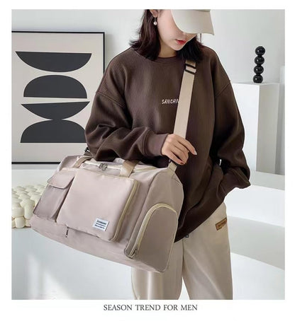 New men's and women's splash proof sports hand travel fitness shopping weekend camping overnight bags. (beige) - color: beige