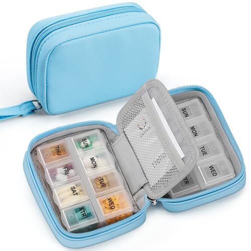 Zannaki Cute Pill Organizer for Purse with Two Removable 7-Day Pill Box, Travel PU Leather Pill Case, Portable Weekly Pill Container with Storage Bag to Hold Vitamins, Fish Oils, Supplements (Blue) - color: Blue