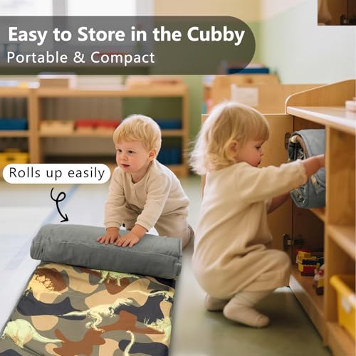 Primlect Toddler Nap Mat with Removable Pillow and Fleece Blanket, Extra Large 55''x35'' Sleeping Bag, Washable, Light, Easy to Roll up, Perfect for Daycare, Preschool, Kindergarten, Travel - color: Camo Dinosaur