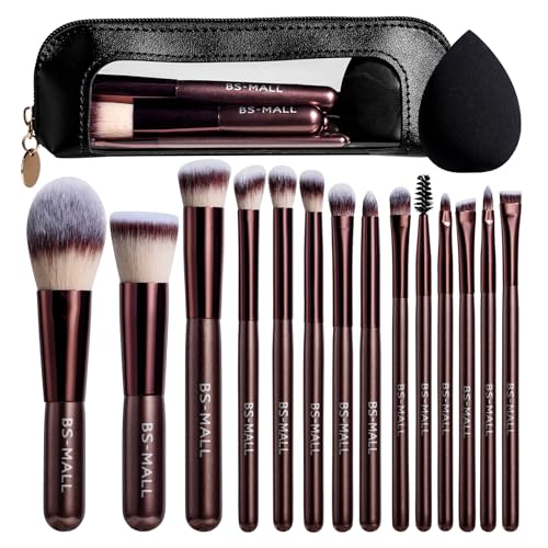 BS-MALL 14 Pcs Makeup Brushes Set with 1 Pcs Makeup Sponge – Essential Foundation Powder Concealers, Eye Shadows, Blush Makeup Brushes with Travel Makeup Case (Coffee) - color: Coffee