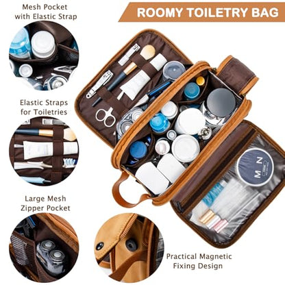 BAGSPRITE Large Toiletry Bag for Men, Women Travel Bag with Hanging Hook, Water-resistant Makeup Cosmetic Bag Shaving Kit Organizer, Bathroom Bag for Traveling - color: Brown
