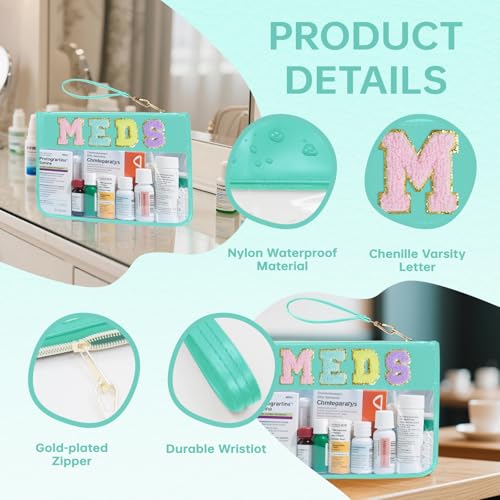 Chenille Letter Clear Zipper Pouch for Travel Preppy Patch Makeup Bag-Nylon Cosmetic Preppy Makeup Waterproof Organizer Bag Set for Women Valentines Bag (Green-Meds) - color: Green-Meds