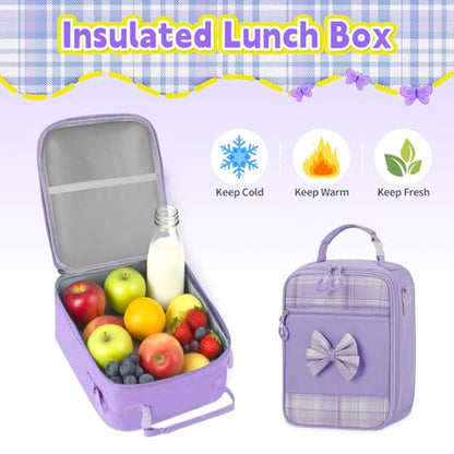 Girls Backpack with Lunch Box Set, 5pc Purple Cute Kawaii Bookbag for Teens, Aesthetic School Backpack for Elementary - color: Purple