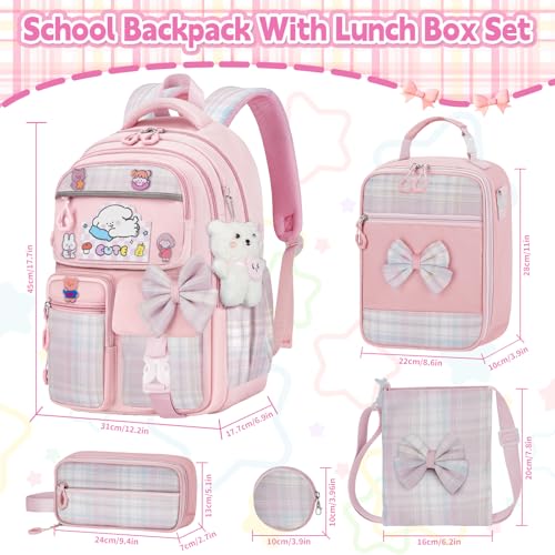 Girls Backpack with Lunch Box Set, 5pc Pink Cute Kawaii Bookbag for Teens, Aesthetic School Backpack for Elementary - color: Pink