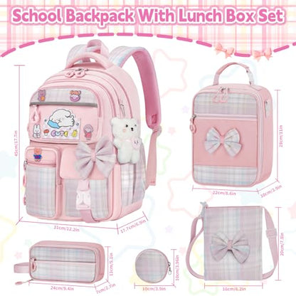 Girls Backpack with Lunch Box Set, 5pc Pink Cute Kawaii Bookbag for Teens, Aesthetic School Backpack for Elementary - color: Pink