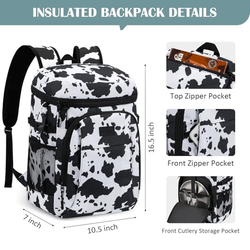 Tuwubi Cooler Backpack 35/42 Cans, Backpack Coolers Insulated Leak Proof for Men Women, Waterproof Soft Sided Lunch Camping Beach Travel Ice Chest Backpack Cooler Bag - color: Cow Print, size: Medium