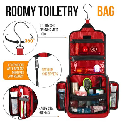 Travel Toiletry Bag for Men and Women - Large Hanging Toiletry Organizer - Waterproof Hygiene Bag with Metal XXL Swivel Hook, with Sturdy Zippers and 19 Compartments for Toiletries, Makeup, Cosmetics - color: L Crimson Red