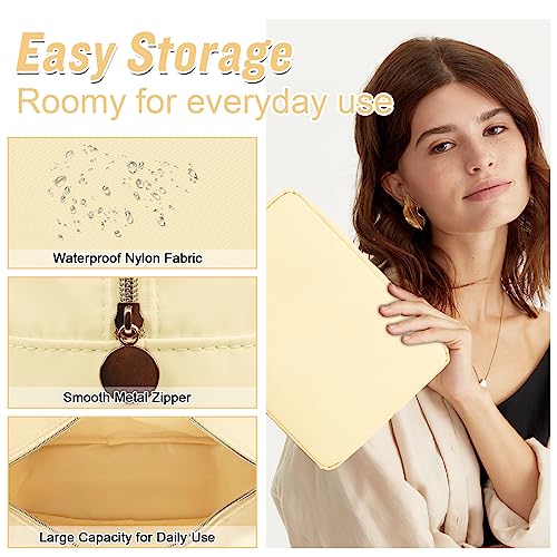 Nylon Large Makeup Bag Travel Pouch for Women, Preppy Big Makeup Bag Cute Cosmetic Zipper Pouch Purse, DIY Chenille Letter Bag Waterproof Toiletry Bag Clutch Makeup Organizer for Girls (Beige) - color: Beige, size: Large