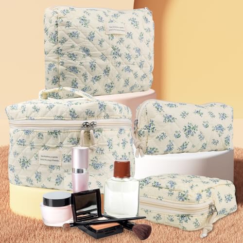 NATINSA Cute Makeup Bag for Women(2 Pcs), Travel Cosmetic Bags, Quilted Coquette Aesthetic Floral Toiletry Organizer Bag (41 - Blue Rose/4PCS) - color: 41 - Blue Rose/4PCS