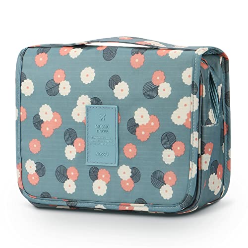 Mossio Hanging Toiletry Bag - Large Cosmetic Makeup Travel Organizer for Men & Women with Sturdy Hook - color: Blue Flowers