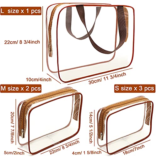 APREUTY Clear Makeup Bags, TSA Approved 6Pcs Cosmetic Makeup Bags Set Clear PVC w/Zipper Handle Portable Travel Luggage Pouch Airport Airline Bags Bathroom (Coffee) - color: Coffee-6PCS(Large+Medium+Small)