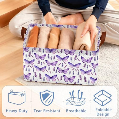 Lavender Storage Baskets,Purple Butterfly Foldable Organizer Bin with Handles for Home Living Room Bedroom Closet Box 17x11.5x10Inch - color: Lavender Purple Butterfly