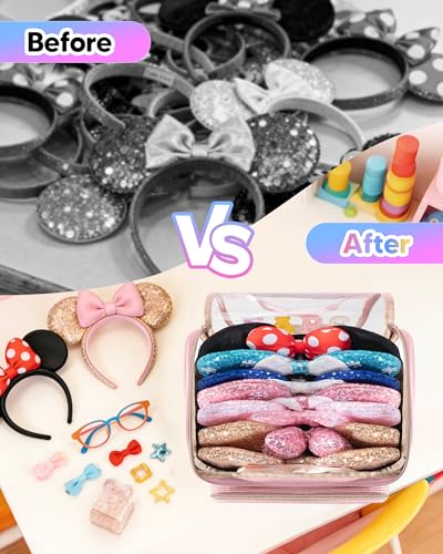 Mouse Ears Travel Case with Detachable Divider, Headband Holder Organizer Bag with Shoulder Strap, Chenille Letter Hair Accessories Storage Box, Pink with Gold Zipper - color: Pink-Gold Zipper